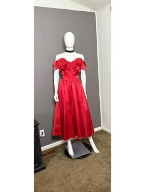 1980's Red Satin Party Dress from Contempo Casuals Off Shoulder Ruffle Neck